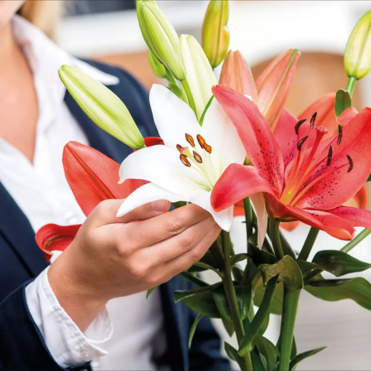 Eine weibliche Person steht hinter einem Blumenstrauß.